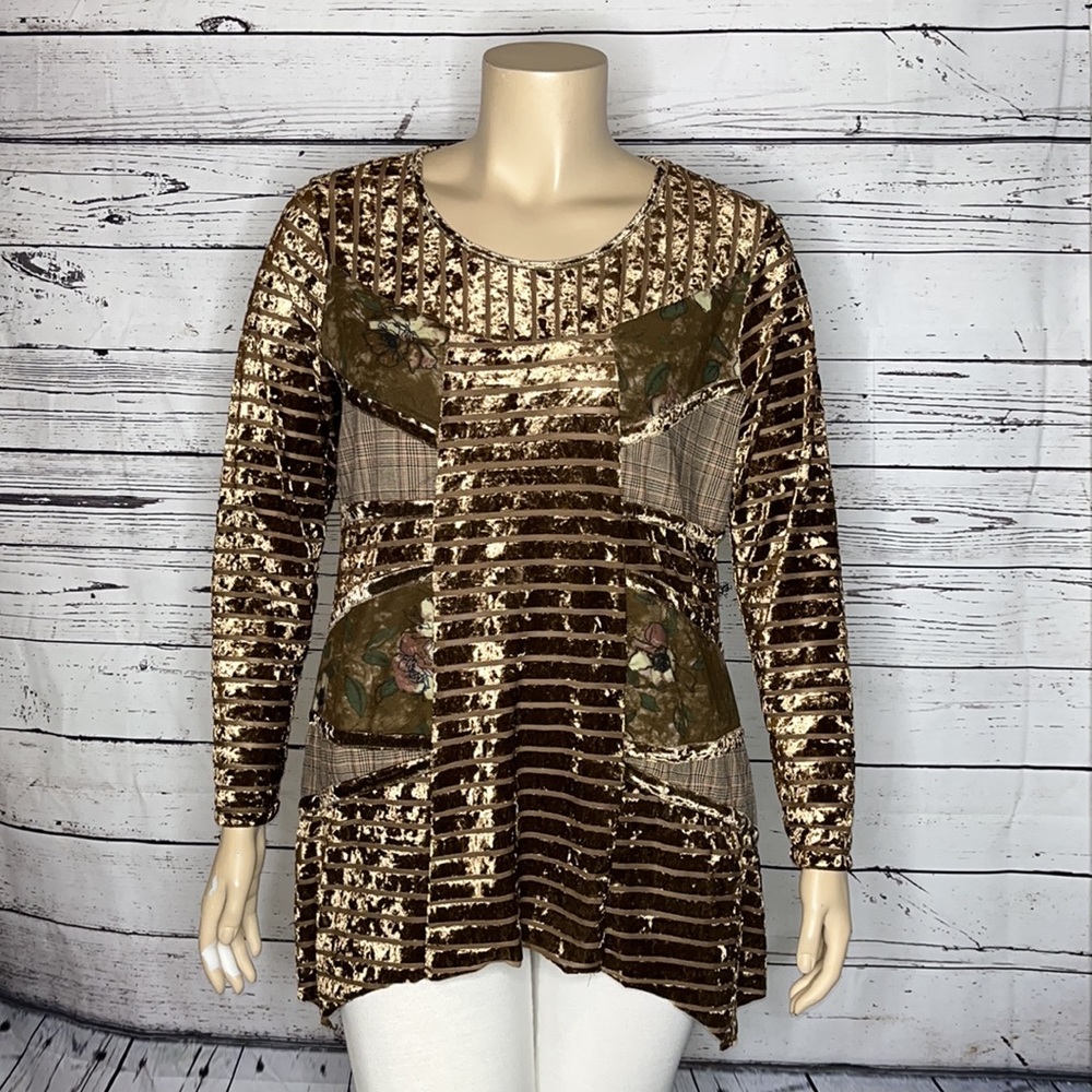 Impulse California Sz. XL Brown Floral Print - Plaid Velvet Patchwork Blouse Top